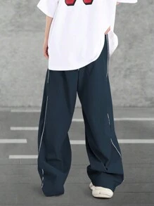 Manfinity Hypemode 男士對比拼接束腰寬鬆褲子 - 藍色 - 查看 2