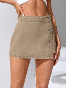 SHEIN Essnce 前紐扣圍裹牛仔裙褲 - 棕色 - 查看 3