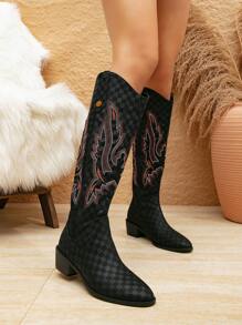 Styleloop Botas de moda de tacón alto hasta la rodilla para mujer con punta y detalles de bordado, botas de vaquero para mujeres