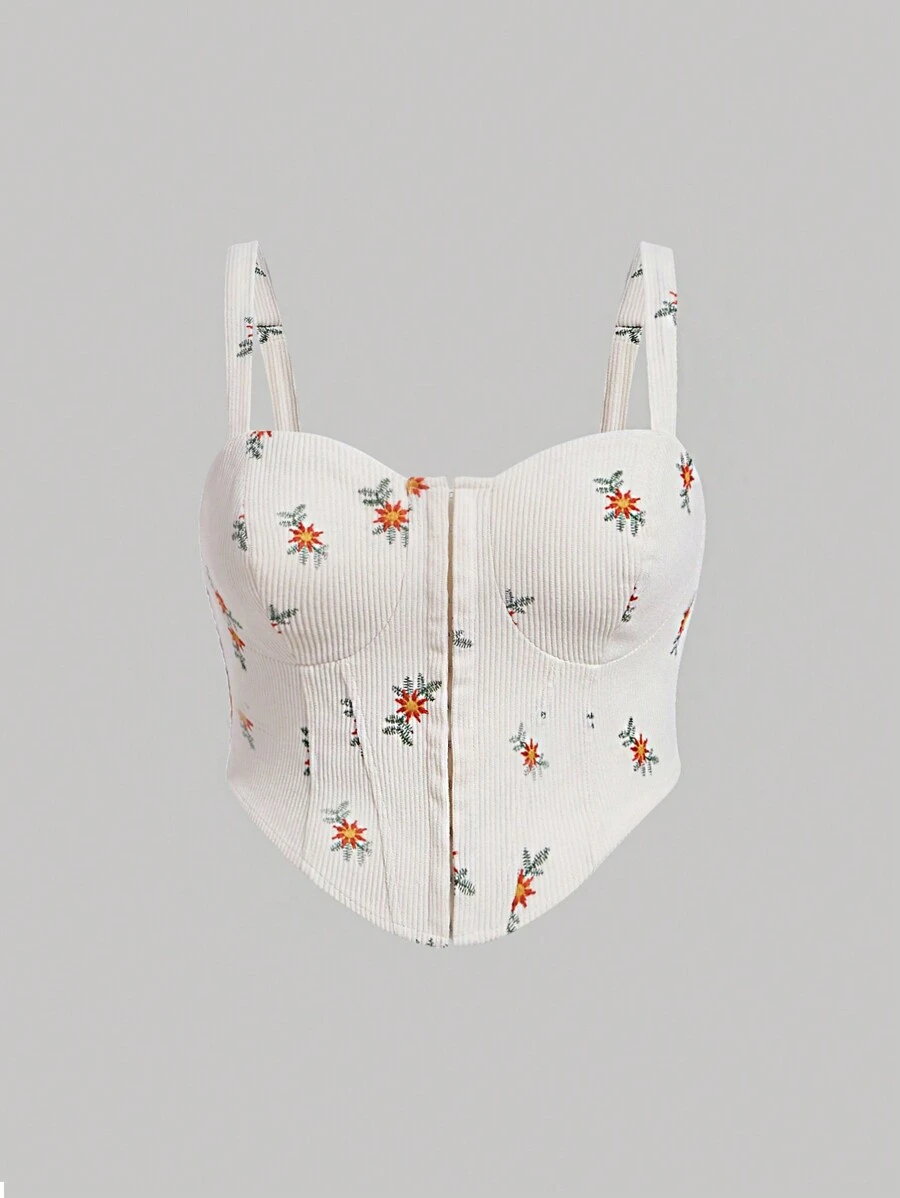 SHEIN MOD Plus Floral Embroidery Wide Strap Top Without Blouse - Apricot - View 1