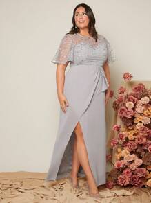 SHEIN Belle Plus Contrast Sequin Mesh Insert Butterfly Sleeve Split Thigh Bridesmaid Dress - Grey - View 3