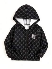 Young Boy Allover Print Zip Up Hooded Jacket - Black - View 1