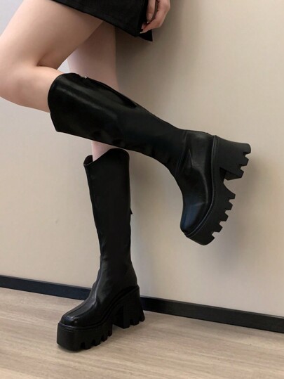 Fall/Winter Women's Fashion Black Leather Boots, Back Zipper, Waterproof Platform, Thick Heel, Thick Sole, Knee-High, Suitable For Daily Wear And Matching, Suitable For Cycling, Skirt Tight Boots