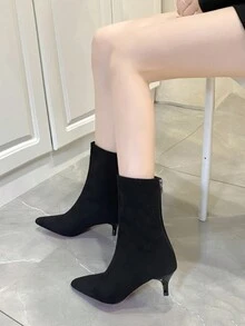 女式時尚靴子，秋冬新款尖頭細跟短靴女休閒優雅短筒修身拉鍊高跟彈力靴 - 黑色 - 查看 3