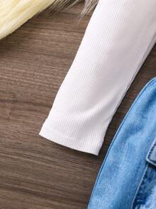 SHEIN Young Girl Mock Neck Puff Sleeve Tee & Denim-Effect Print Contrast Fuzzy Trim Skirt