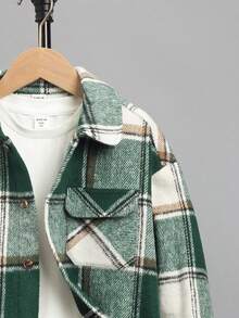 SHEIN 男大童格紋印花翻蓋口袋花呢外套不帶T恤 - 綠色 - 查看 3