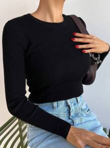 DAZY Solid Ribbed Knit Sweater,Long Sleeve Tops,Fall Clothes - Black - View 1