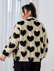 SHEIN EZwear 大碼愛心圖案落肩袖毛絨夾克 - 黑與白 - 查看 2