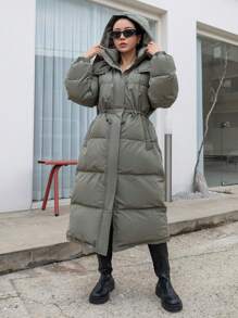 DAZY Drawstring Waist Hooded Puffer Thick Pockets Coat ,Winter Women Clothes,Winter Coat Women - Green - View 9