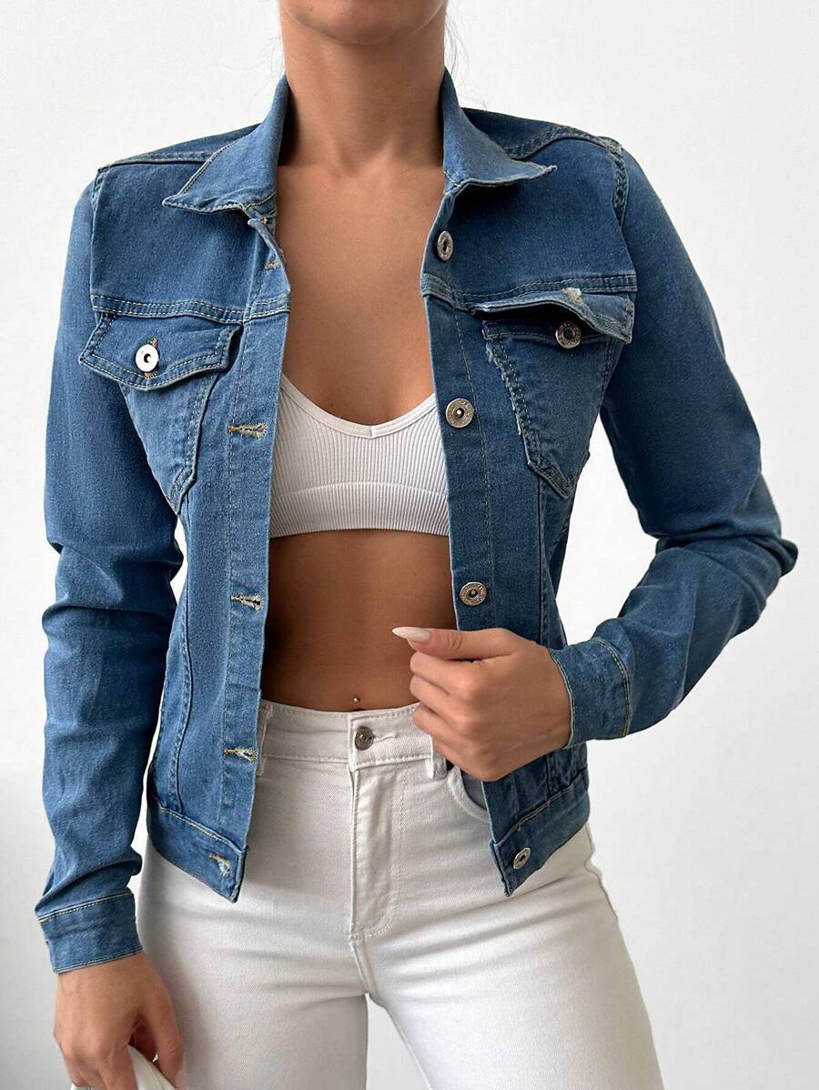EURMUSE 翻盖口袋前纽扣牛仔夹克 - 中等水洗藍 - 查看 1