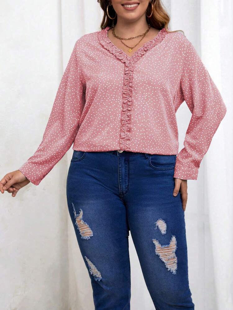 Plus Polka Dot Print Frill Trim Blouse