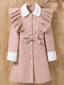 SHEIN Tween Girl Borg Collar Ruffle Trim Belted Overcoat - Pink - View 1