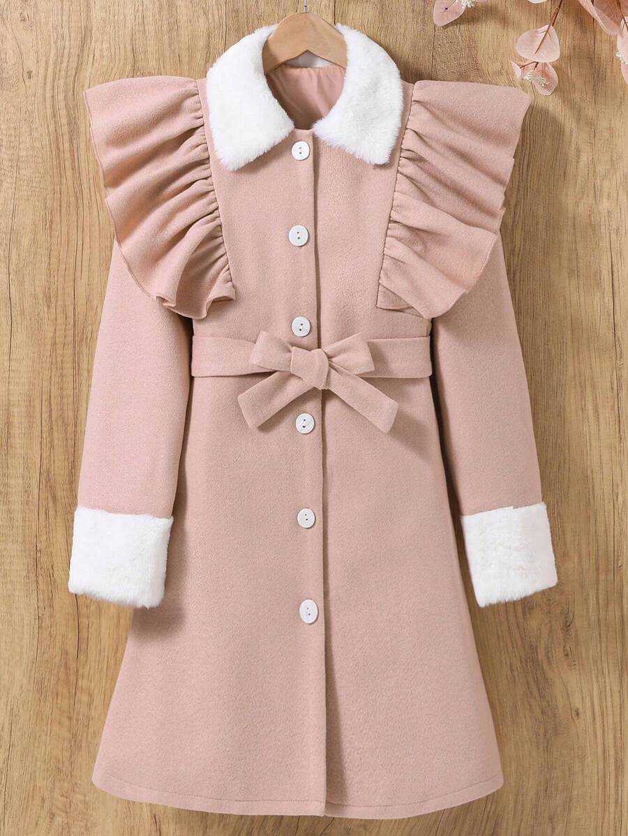 SHEIN Tween Girl Borg Collar Ruffle Trim Belted Overcoat - Pink - View 1