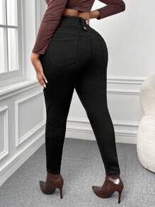 Slaydiva Plus High Waist Button Fly Skinny Jeans - Black - View 5