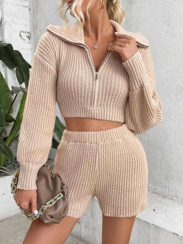 Drop Shoulder Zip Up Crop Sweater & Knit Shorts Fall Cloth For Women