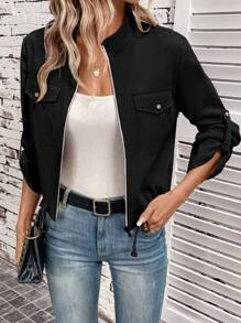 SHEIN LUNE Tay áo cuộn Túi có nắp Viền kéo ra Áo khoác - màu đen - Xem 1