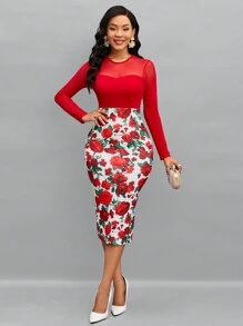 SHEIN Lady Floral Print Mesh Insert Bodycon Dress - Multicolor - View 4