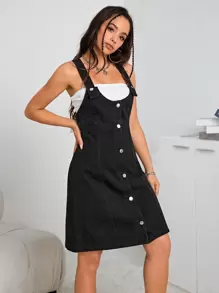 SHEIN EZwear Button Front Overall Denim Dress Without Tube Top - Black - View 1