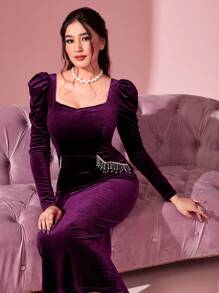 Modelyn Sweetheart Neck Gigot Sleeve Split Back Velvet Bodycon Dress - Red Violet - View 5