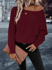 SHEIN LUNE 素色蝙蝠袖套頭毛衣 - 酒紅色 - 查看 1