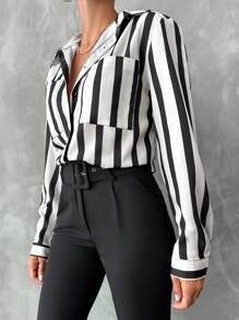 SHEIN Cottnline Striped Print Pocket Patched Shirt - Black and White - View 3