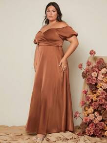 SHEIN Belle 大碼一字肩泡泡袖伴娘洋裝 - 咖啡棕 - 查看 6