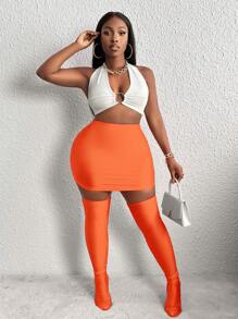 Slaydiva 素色包臀半身裙帶絲襪 - 橘色 - 查看 4