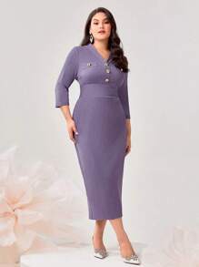 Modelyn Plus Button Front Bodycon Dress - Purple - View 3