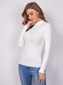 SHEIN Clasi Áo len dệt kim gân cổ giả, áo dài tay - trắng - Xem 5