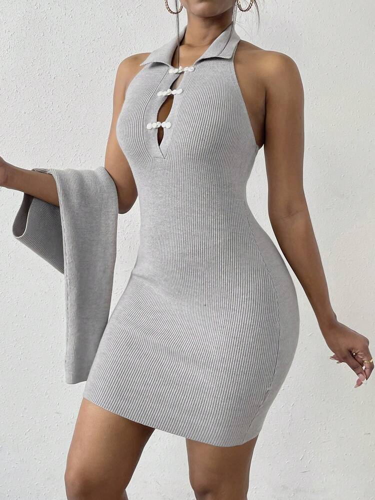 SHEIN Unity Ribbed Knit Halter Sweater Dress & Super Crop Cardigan - Grey - View 3