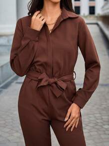 EURMUSE Solid Belted Shirt Jumpsuit - Brown - View 5