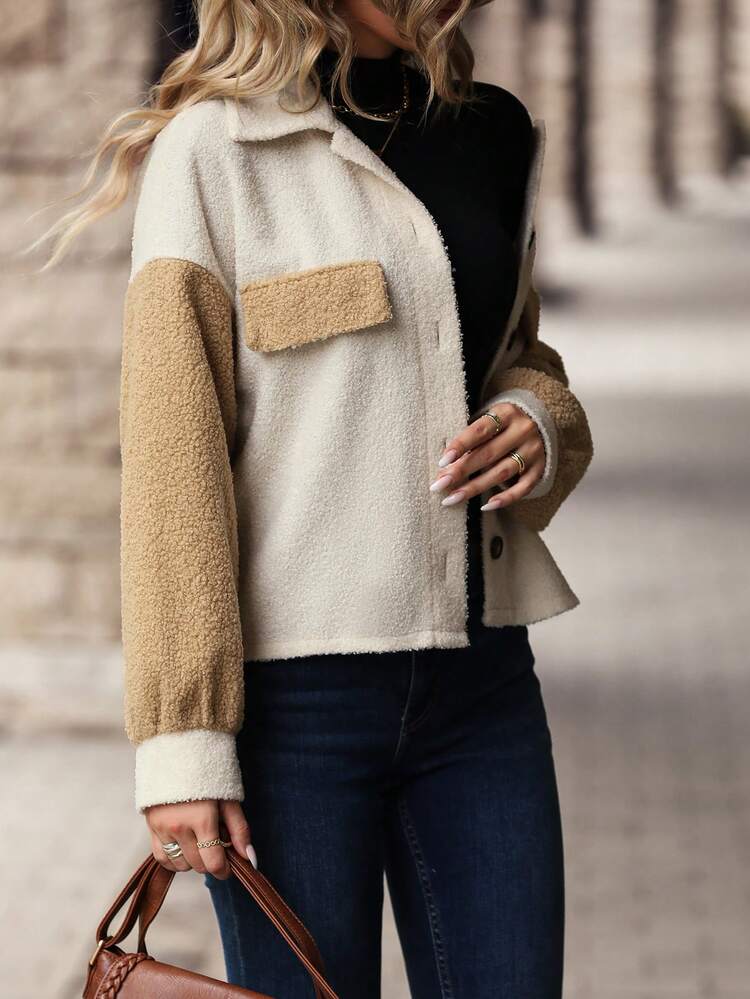 Two Tone Drop Shoulder Flap Detail Teddy Jacket Fall Winter Cloth For Women