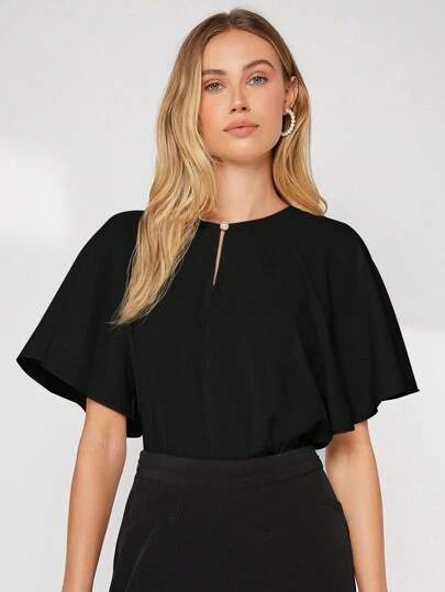 BizChic Women's Autumn Round Neck Button Decor Hollow Out Butterfly Sleeve Loose Drape Blouse, Basic Urban Commute Simple Elegant Fashionable Business Casual, Suitable For Teachers, Office, Weddings, Concerts