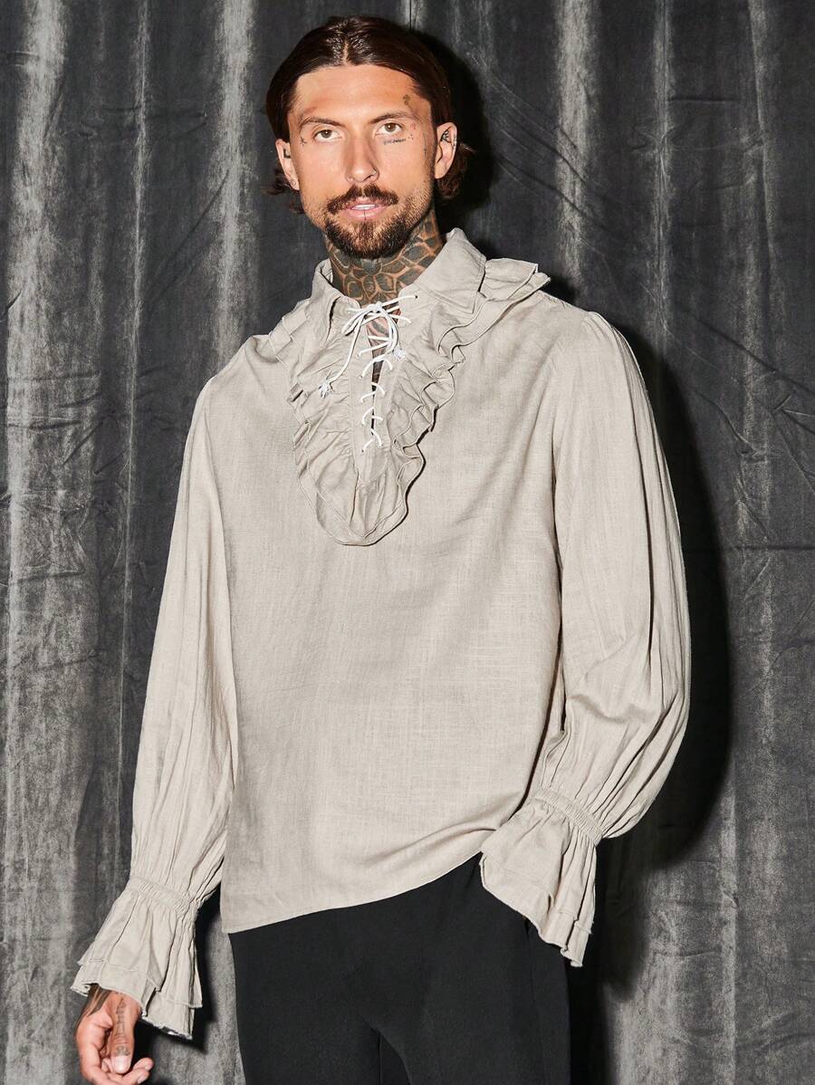 GENTILAND Men Ruffle Trim Flare Sleeve Shirt - Apricot - View 1