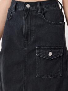 SHEIN 青少年女孩翻蓋口袋高衩毛邊牛仔半身裙 - 黑色 - 查看 5