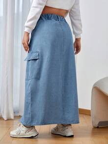 SHEIN EZwear Plus Flap Pocket Denim Skirt - Medium Wash - View 2