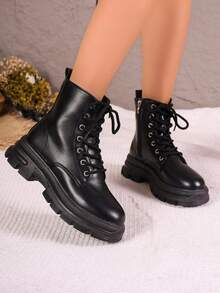 Botas con cordones y cinta con cremallera lateral para mujer, botas de moda negras punk - Negro - Ver 4
