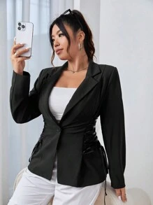 SHEIN EZwear Plus Lapel Neck Lace Up Side Blazer - Black - View 1