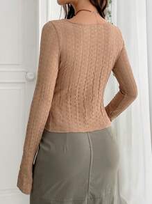 SHEIN EZwear Cắt ra Viền chia cắt Áo phông Crop - Màu Khaki - Xem 3