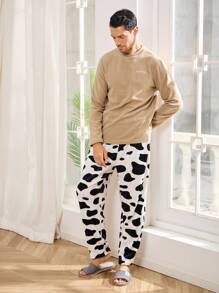 Men Cow Print Flannel Sleep Pants - Black and White - View 6