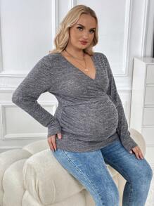 SHEIN Maternity Plus Marled Knit Knot Side Wrap Top - Light Grey - View 6