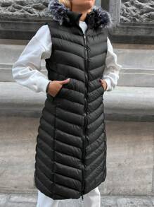 SHEIN Cottnline Túi xéo Trang trí Fuzzy áo có mũ Áo gi lê Lông vũ - màu đen - Xem 4