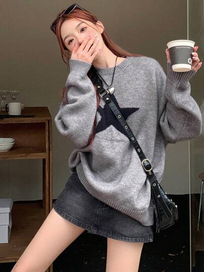 DAZY Star Pattern Drop Shoulder Oversized Sweater,Ladies Late Fall Casual Long Sleeve Oversized Grey Drop Shoulder Pullovers Women Sweaters