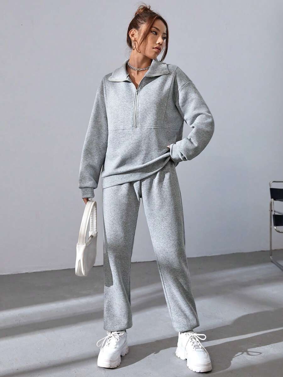 SHEIN EZwear Bộ đồ hai mảnh nữ Túi Dây kéo màu trơn Giải trí - Màu Xám nhạt - Xem 1