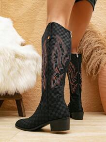 Styleloop Botas de moda de tacón alto hasta la rodilla para mujer con punta y detalles de bordado, botas de vaquero para mujeres