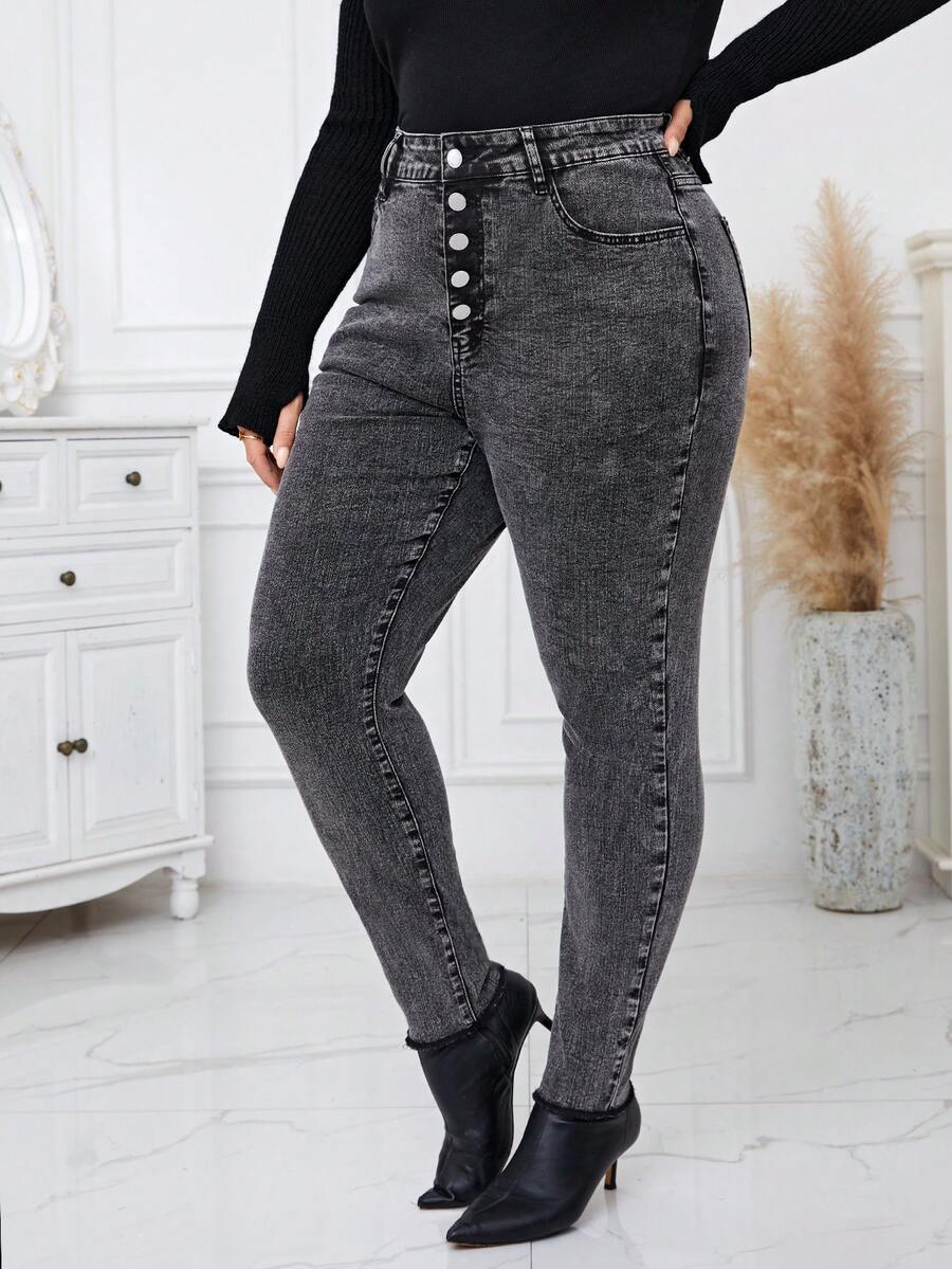 SHEIN Essnce Hơn Nút Bay Quần jean ôm - màu đen - Xem 1