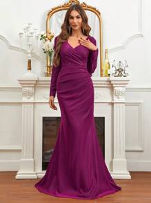 SHEIN Belle 交疊領褶邊魚尾裙下擺伴娘洋裝 - 紫色 - 查看 4