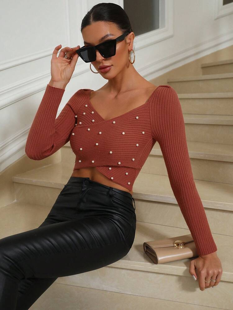 Faux Pearls Beaded Cross Wrap Crop Knit Pullover Fall Winter Sweater