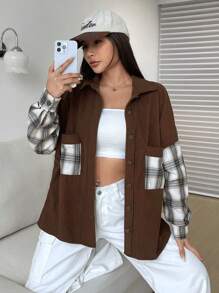 SHEIN EZwear Plaid Print Drop Shoulder Pocket Patched Button Front Shacket