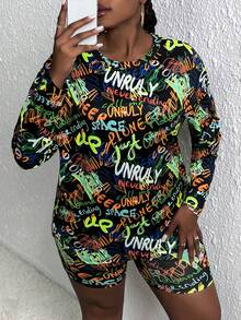 Slaydiva 大碼字母圖案落肩T恤&騎行褲 - 黑色 - 查看 4